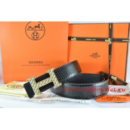Hermes Black/Black Snake Stripe Leather Reversible Belt 18K Gold Spot Stripe H Buckle