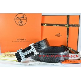 Hermes Black/Black Snake Stripe Leather Reversible Belt 18K Silver Spot Stripe H Buckle