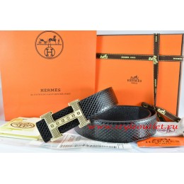 Hermes Black/Black Snake Stripe Leather Reversible Belt 18K Gold Stripe Logo H Buckle
