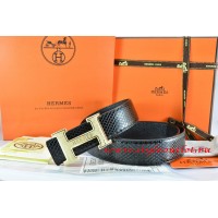 Hermes Black/Black Snake Stripe Leather Reversible Belt 18K Gold Bamboo Strip Logo H Buckle