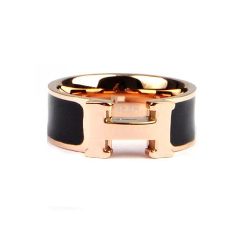 Shop For Hermes Enamel Clic H Ring In 18kt Pink Gold With Black